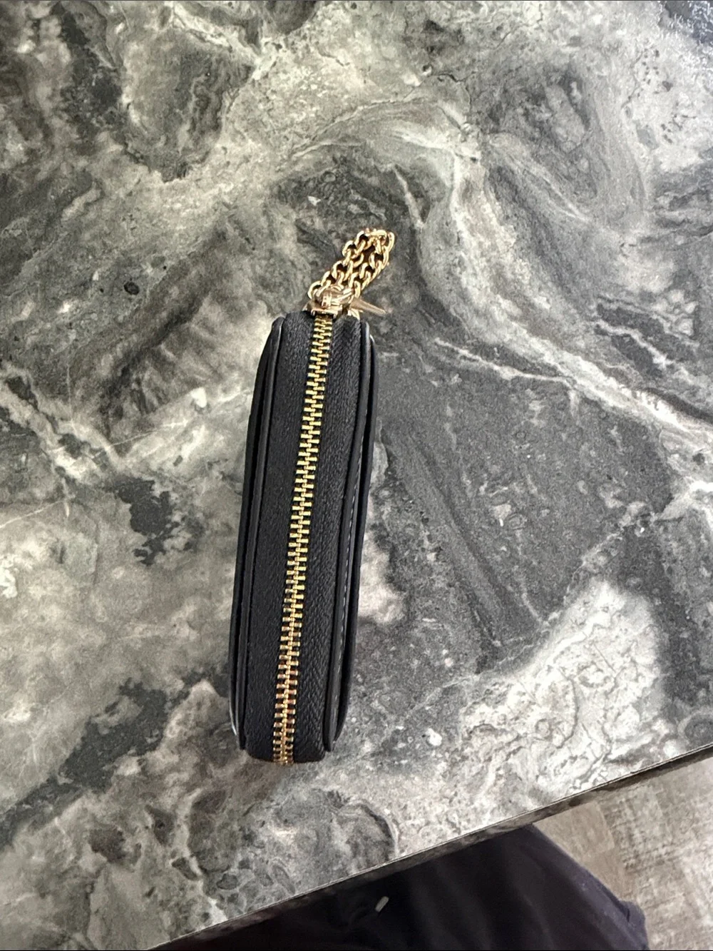 Coach Black Leather ID Card Holder with Gold Chain Accent